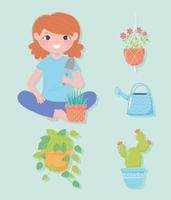 home gardening, icons set girl shovel and plants in pot vector