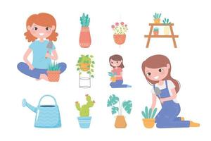 home gardening, girls houseplants growing in pots watering can icons vector