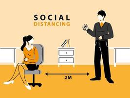 businessman and woman wear face masks and keep distance away in office vector