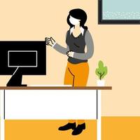 business woman wears mask and keeps distance in office vector