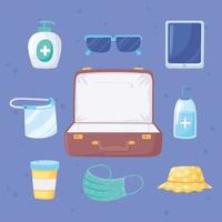 new normal travel suitcase with mask medicine hat glasses and smarthpone vector