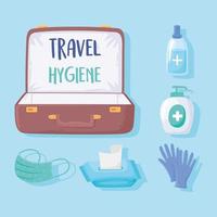 new normal after covid 19 travel hygiene suitcase mask tissue paper gel vector