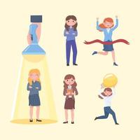 women leadership crossing goal, light bulb characters icons vector