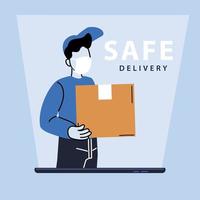 safe delivery, man courier in a mask delivers boxes, contactless delivery vector