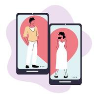 citas en línea, relación virtual y amor en línea, pareja joven de personas que se encuentran en línea vector