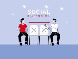Social distancing between men with masks on chairs vector design
