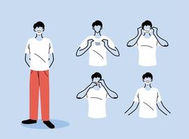 how to wear a mask correct, men presenting the correct method of wearing a medical mask vector