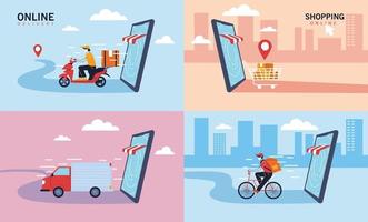 conjunto de iconos de ofo servicio de entrega, transporte y logística de compras digitales vector