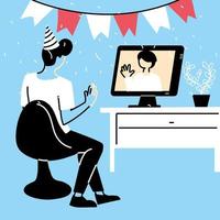 Man with party hat and computer in video chat vector design