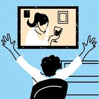 Hombre y mujer en la pantalla en el diseño de vectores de chat de video