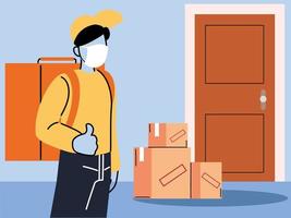 safe delivery, man courier in a mask delivers goods to the door, contactless deliver vector