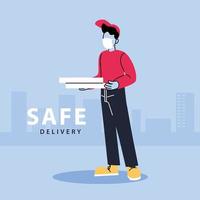 safe delivery, man courier in a mask delivers food, contactless delivery vector