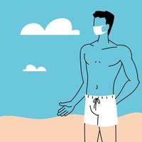 hombre en la playa con mascarilla vector