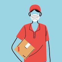 delivery man with face mask holding a box vector