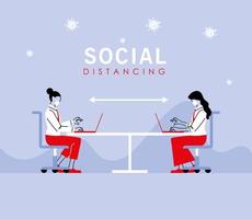 Social distancing between women with masks and laptops on table vector design