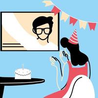 Woman with party hat and screen in video chat vector design