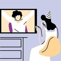 Woman with party hat and screen in video chat vector design