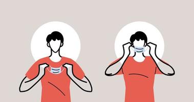 how to wear a mask correct, men presenting the correct method of wearing a medical mask vector