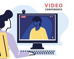 man using computer for virtual meeting, videoconference, remote work, technology vector