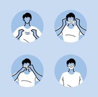 how to wear a mask correct, men presenting the correct method of wearing a medical mask vector