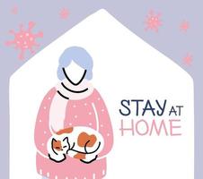 elderly woman with cat they stay at home, coronavirus pandemic vector