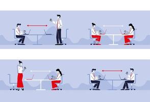 Social distancing between women and men with masks on tables vector design