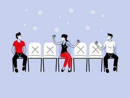 Social distancing between woman and men with masks on chairs vector design