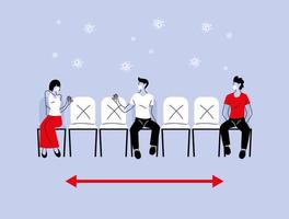 Social distancing between woman and men with masks on chairs vector design