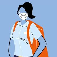 food delivery woman with medical mask and backpack vector