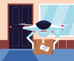 contactless delivery, drone carries shopping box a the door vector