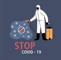 hombre con traje o ropa protectora, desinfección por coronavirus o covid 19, medidas preventivas vector