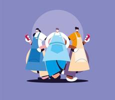 group of waiters with face mask and uniform vector