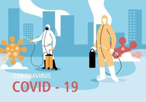 men wear protective suit, cleaning and disinfection the city by coronavirus or covid 19 vector