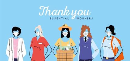 thank you essential workers, various occupations people wearing face masks vector