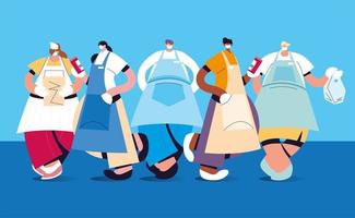 group of waiters with face mask and uniform vector