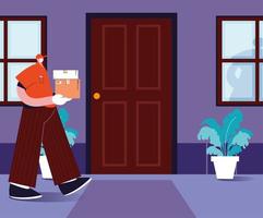 delivery man with face mask carries the cardboard boxes vector