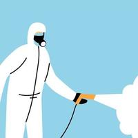 man wears protective suit, disinfection by coronavirus or covid 19 vector