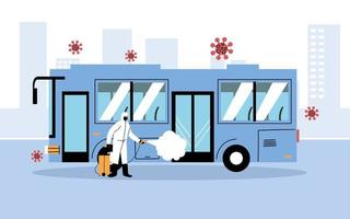 man wearing a protective suit disinfects bus by coronavirus or covid 19 vector