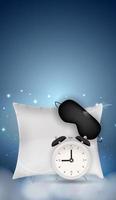 Good Night Abstract Background with Sleeping Mask, alarm clock and pillow. Vector Illustration