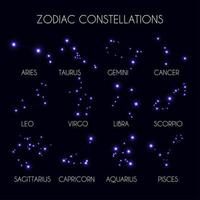Set of 12 Zodiacal Constellations on the Background of Cosmic Sky Vector Illustration