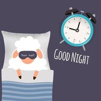 linda ovejita en la cama con reloj despertador. buenas noches. ilustración vectorial