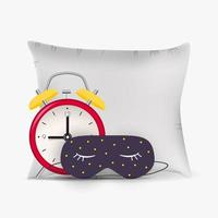 Good Night Abstract Background with Funny Sleeping Mask, alarm clock and pillow. Vector Illustration