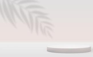 Fondo de pedestal blanco 3d con sombra de hojas de palma realista para presentación de productos cosméticos, revista de moda. copia espacio ilustración vectorial vector
