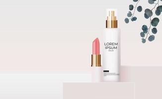 3D Realistic rose Pastel Cream Bottle and lipstick with eucalyptus leaves. Design Template of Fashion Cosmetics Product for Ads, flyer or Magazine Background. Vector Illustration