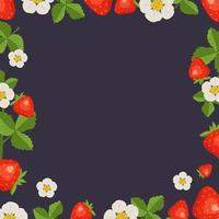 marco con fresas, hojas y flores blancas sobre un fondo oscuro. patrón cuadrado de fruta brillante. banner de comida de verano vector