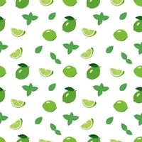 Cute seamless bright pattern of citrus fruits and mint leaves on a white background. Print with whole lime, slices. A set of fruits for a healthy lifestyle vector