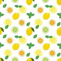 Seamless bright spring and summer pattern with lemon, tangerine, orange and lime and mint slices and leaves. A set of citrus fruits for a healthy lifestyle vector