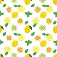 Seamless bright spring and summer pattern with lemon, tangerine, orange and lime and mint slices and leaves. A set of citrus fruits for a healthy lifestyle vector