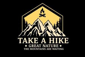 take a hike great nature te mountains are waiting color yellow and cream vector