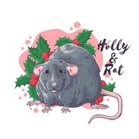 Hand drawn portrait of rat in Christmas accessories Vector. vector